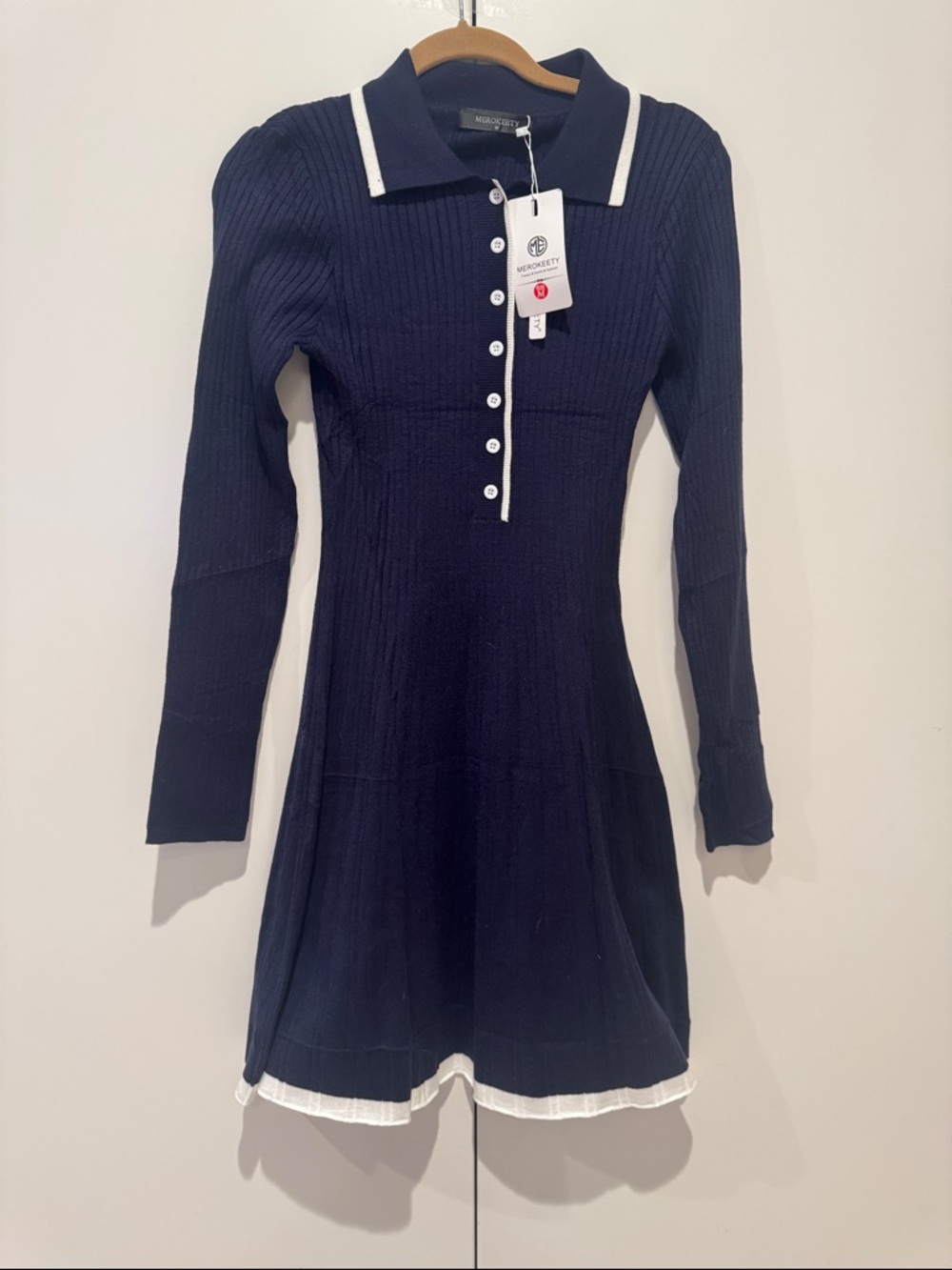 MEROKEETY Navy Ribbed Polo Dress with White Trim